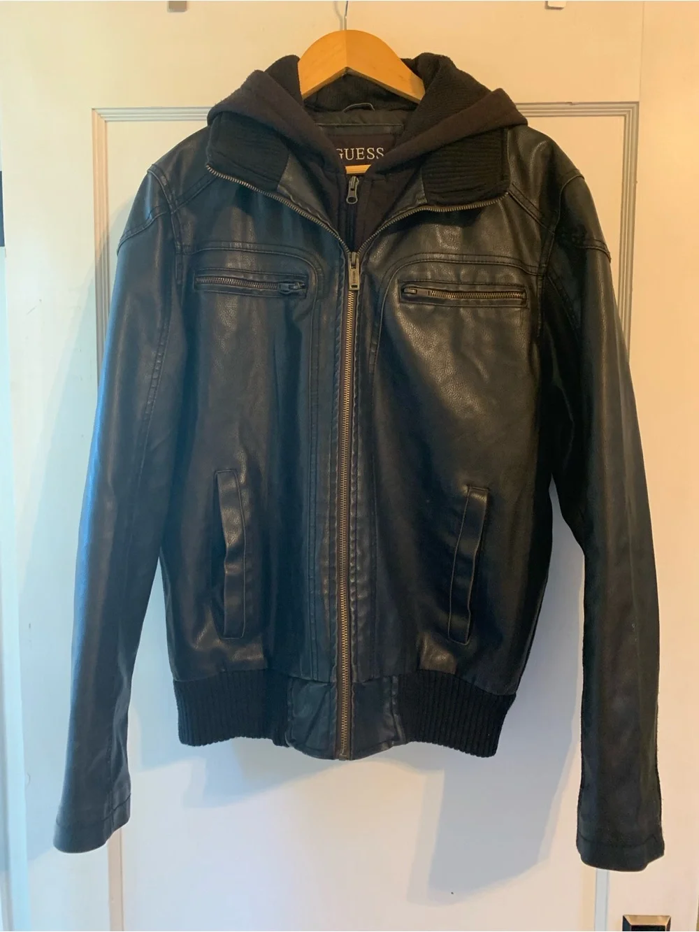 GUESS Brown Leather Bomber Jacket with Hooded Liner